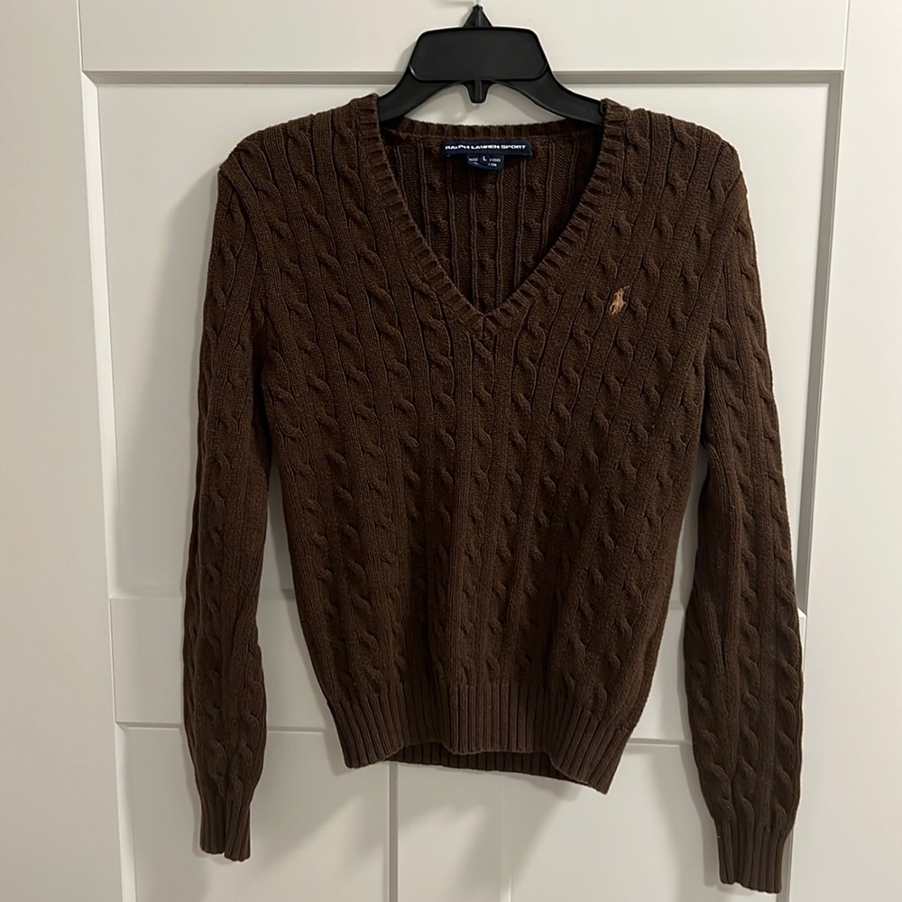 Ralph Lauren Brown V Neck Cable Sweater